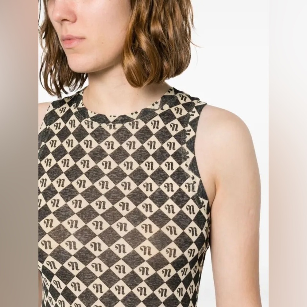 Nanushka Cream and Black Diamond Monogram Tank